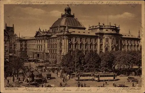 Ak München, Blick zum Justizpalast, Straßenbahnen