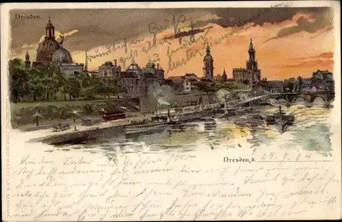 Litho Dresden Altstadt, Blick über die Elbe auf die Altstadt, Abendstimmung