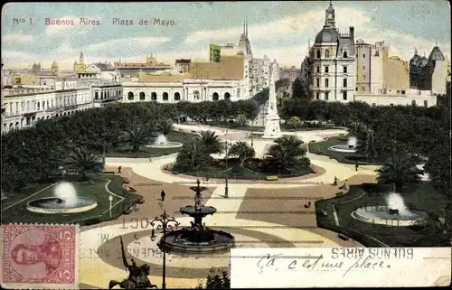 Ak Buenos Aires Argentinien, Plaza de Mayo, Springbrunnen, Denkmal, Palmen