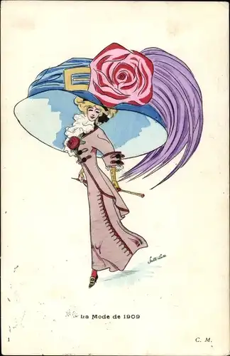 Künstler Ak La Mode de 1909, Frau mit sehr großem Hut