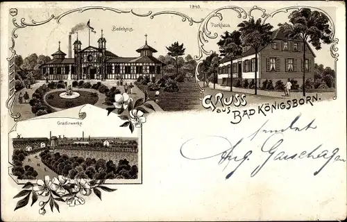 Litho Königsborn Unna im Ruhrgebiet Badehaus Parkhaus Gradierwerke