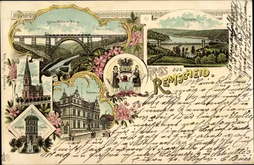 Litho Remscheid im Bergischen Land, Kaiser Wilhelm Brücke, Postamt, Kirche, Wasserturm, Talsperre