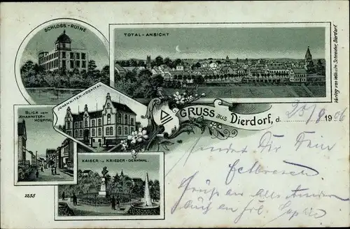 Litho Dierdorf Westerwald Schlossruine Totalansicht Johanniter-Hospital Kaiser- und Kriegerdenkmal