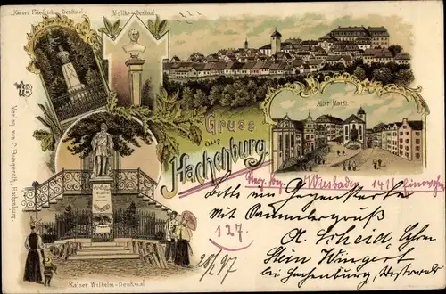 Litho Hachenburg im Westerwald, Kaiser-Friedrich-Denkmal, Moltke-Denkmal, Kaiser-Wilhelm-Denkmal