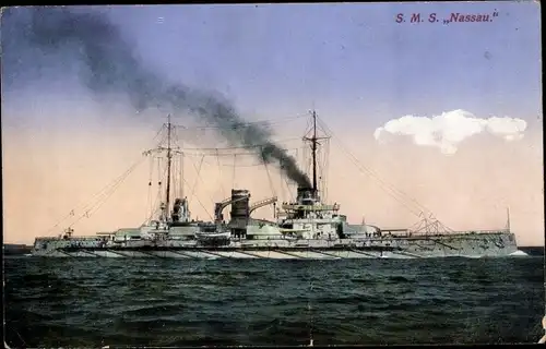 Ak Deutsches Kriegsschiff SMS Nassau, Kaiserliche Marine, Großlinienschiff, Nassau Klasse
