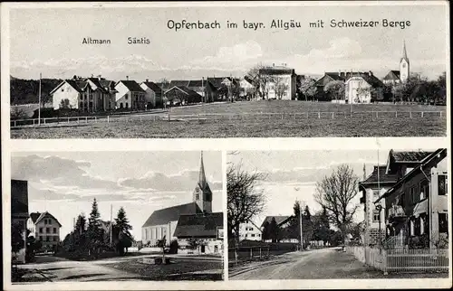 Ak Opfenbach im Allgäu Schwaben, Gesamtansicht, Altmann, Säntis, Kirche, Straßenpartie