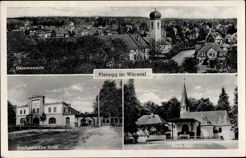 Ak Planegg Oberbayern, Gesamtansicht, Kirche, Großgaststätte Volm, Maria Eich
