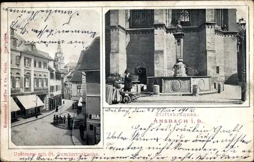 Ak Ansbach in Mittelfranken Bayern, Uzstraße mit St. Gumbertus Kirche, Stiftsbrunnen