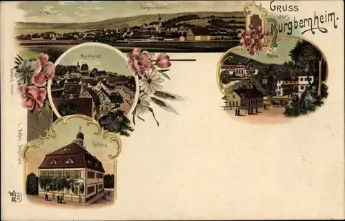 Litho Burgbernheim in Mittelfranken Bayern, Marktplatz, Rathaus, Wildbad, Stadtansicht