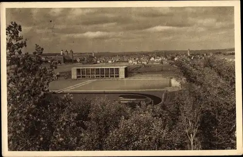 Ak Memmingen in Schwaben, 12. Schwäbisch Bayr. Sängerbundesfest 1929, Sportplatz mit Festhalle