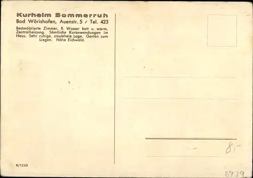 Ak Bad Wörishofen im Unterallgäu, Kurheim Sommerruh, Auenstraße 5
