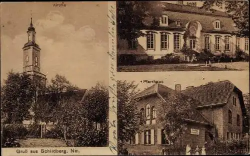 Ak Golenice Schildberg Neumark Ostbrandenburg, Kirche, Schloss, Pfarrhaus