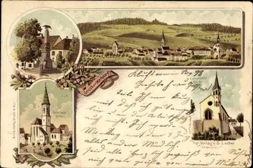 Litho Markdorf im Bodenseekreis Baden Württemberg, Panorama, Kriegerdenkmal, ev. u. kath. Kirche