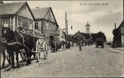 Ak Kelmė Kelm Kielmy Litauen, Straßenpartie, ev. Kirche, deutsche Armeefuhrwerke, 1. WK