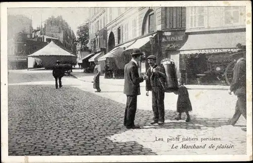 Ak Paris, Petits métiers parisiens, Marchand de plaisir, Reklame Biscuits Germain Lyon