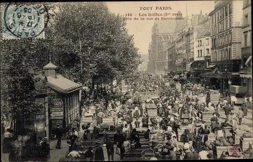 Ak Paris I., Les Halles, Rue de Rambuteau, marché