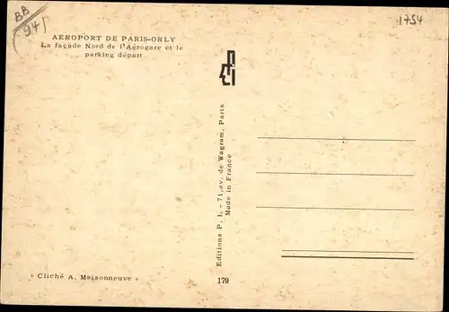 Ak Orly Val de Marne, Paris Orly, Aeroport, Nordfassade des Flughafengebäudes, Parkplatz, Autos