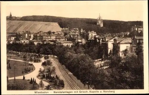 Ak Wiesbaden in Hessen, Nerotalanlagen mit griech. Kapelle, Neroberg