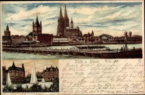 Künstler Litho Cramer, J., Köln am Rhein, Deutscher Ring, Rheinblick mit Brücke und Dom