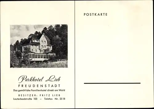 Ak Freudenstadt im Nordschwarzwald Parkhotel Lieb