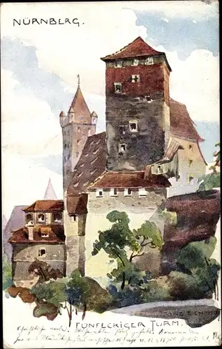 Künstler Ak Schmidt, Franz, Nürnberg in Mittelfranken Bayern, Blick auf den Fünfeckigen Turm