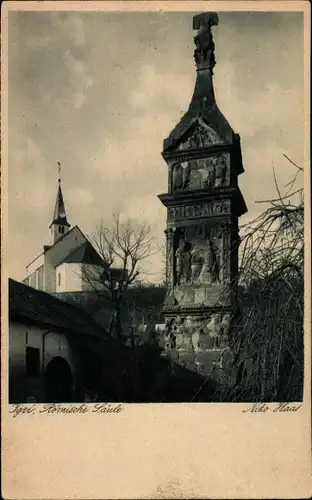 Ak Igel, Blick auf die Römische Säule, Kirche, Vorplatz