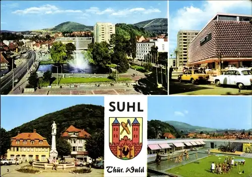 Ak Suhl in Thüringen, City, Warenhaus Centrum, Markt, Waffenschmieddenkmal, Kindergarten, Wappen