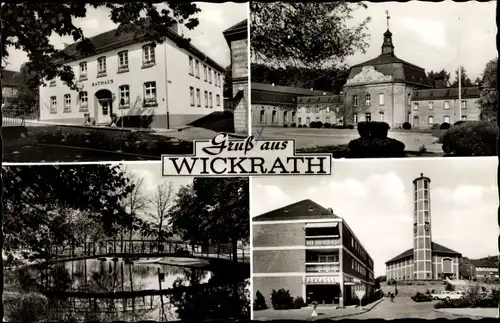 Ak Wickrath Mönchengladbach am Niederrhein, Kartholische Kirche, Rathaus, Brücke
