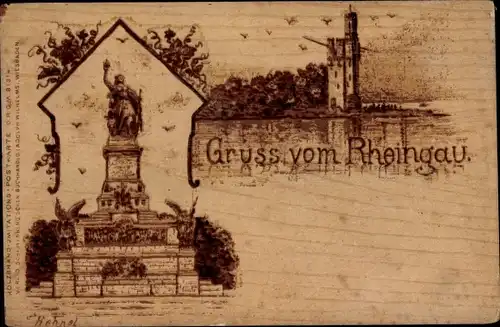 Künstler Ak Hohnel, Gruss vom Rheingau, Denkmal, Holzimitat