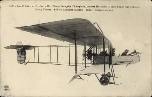 Ak Aviation militaire, Franz. Flugzeug mit Maschinengewehr Hotchkiss, Biplan, I. WK