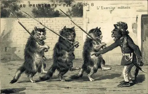 Präge Litho L'Exercice militaire, vermenschlichte Katzen und Schimpanse, Bajonette