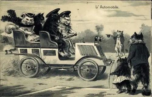 Präge Litho L'Automobile, vermenschlichte Katzen in einem Auto