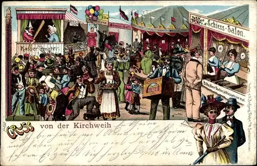 Litho Gruß von der Kirchweih, Volksfest, Kaspertheater, Schießsalon, Leierkastenmann