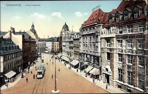 Ak Chemnitz in Sachsen, Johannisplatz, Straßenbahn, Chemnitzer Bank Verein