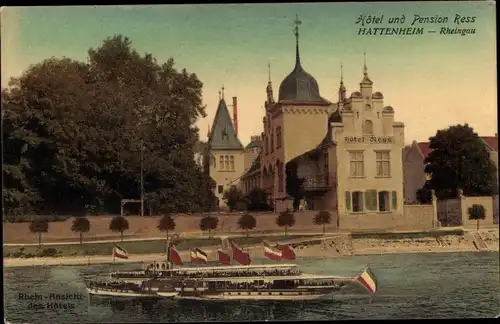 Ak Hattenheim Eltville am Rhein Hessen, Hotel Pension Ress, Rheinpartie mit Dampfer, Flaggen