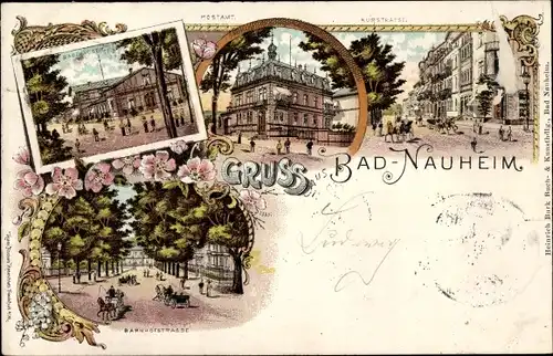 Litho Bad Nauheim im Wetteraukreis Hessen, Postamt, Kurstraße, Badehäuser, Bahnhofstraße