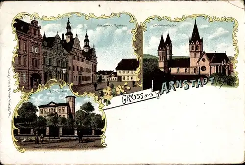 Litho Arnstadt in Thüringen, Postamt, Rathaus, Liebfrauenkirche, Villa Marlitt