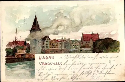 Künstler Litho Voellmy, F., Lindau am Bodensee Schwaben, Stadtblick