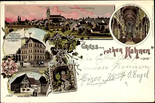 Litho Arenberg Koblenz in Rheinland Pfalz, Gasthaus zum roten Hahnen, Inh. Gottfr. Hannen, Kirche