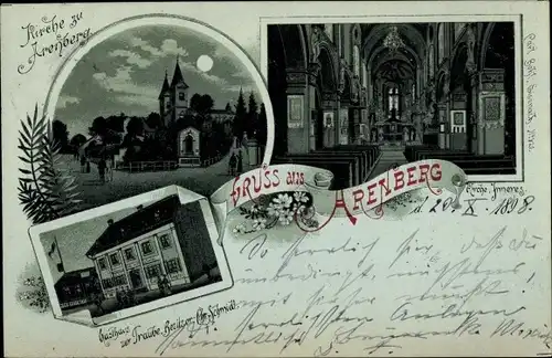 Mondschein Litho Arenberg Koblenz am Rhein Kirche Gasthaus zur Traube