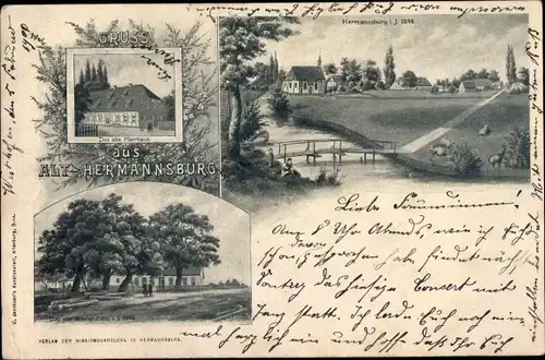 Litho Hermannsburg Südheide in der Lüneburger Heide, Gesamtansicht, Pfarrhaus, Missionshaus