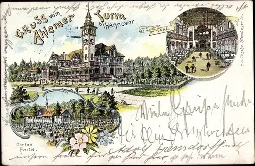 Litho Ahlem Hannover in Niedersachsen, Ahlemer Turm, Gastwirtschaft, Saal, Gartenpartie