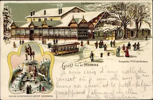 Litho Duisburg im Ruhrgebiet, Monning, Gastwirtschaft, Winter, Straßenbahn, Kaiserberg, Denkmal