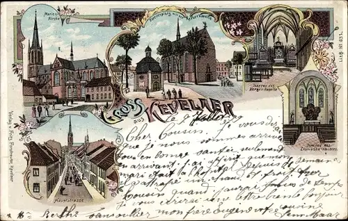 Litho Kevelaer am Niederrhein, Marienkirche, Kircheninneres, Hauptstraße, Kapellenplatz