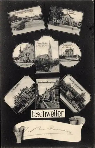 Ak Eschweiler Nordrhein Westfalen, Schützenhalle, Ev. Kirche, Bahnhof, Schlachthof, Postgebäude