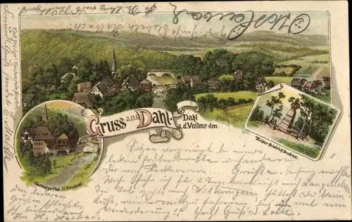 Litho Dahl Hagen in Westfalen, Kaiser Friedrich Denkmal, Blick auf den Ort, Gasthof zur Post