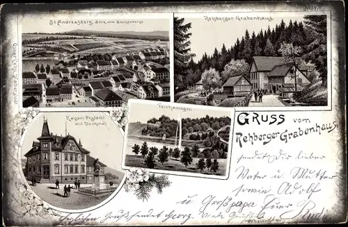 Litho St. Andreasberg Braunlage im Harz, Rehberger Grabenhaus, Teichanlagen, Kaiserl. Postamt