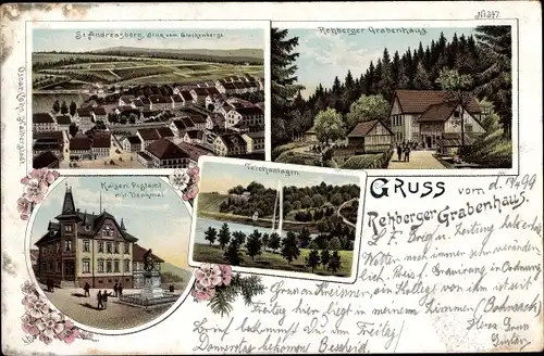 Litho St. Andreasberg Braunlage im Harz, Rehberger Grabenhaus, Teichanlagen, Kaiserl. Postamt