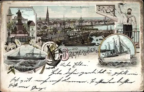 Litho Bremerhaven, Dampfer Kaiser Wilhelm II, Bürgermeister Smidt Denkmal, Seemann, Panorama