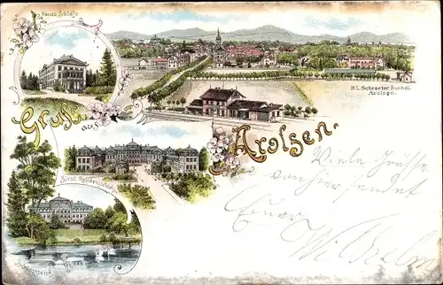 Litho Bad Arolsen in Hessen, Bahnhof, Gleisseite, Residenzschloss, Schlossteich, Totalansicht